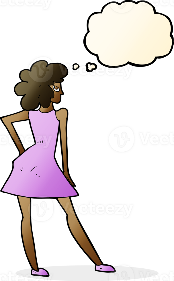 cartoon woman posing in dress with thought bubble png