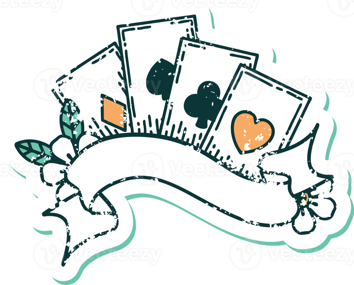 iconic distressed sticker tattoo style image of cards and banner png