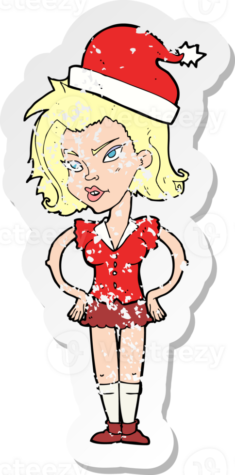 retro distressed sticker of a cartoon woman in christmas hat png