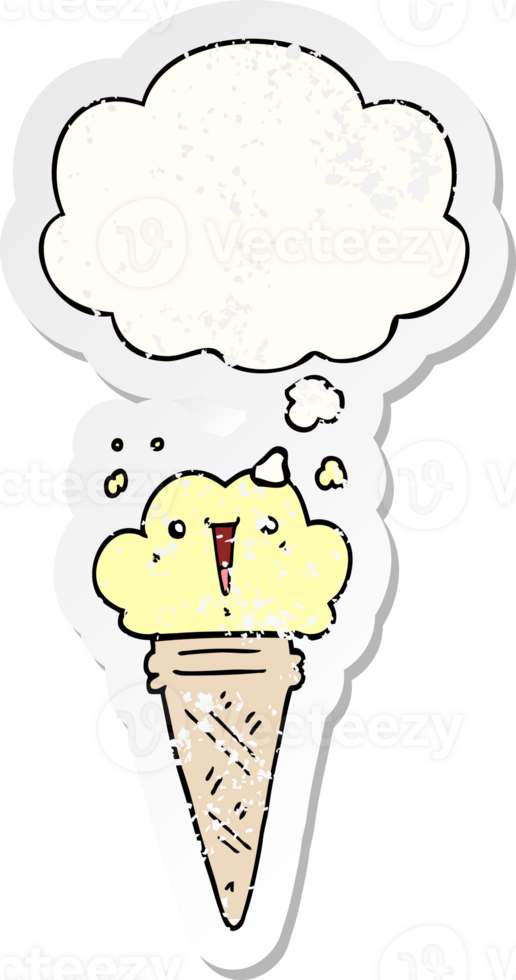 cartoon ice cream with face with thought bubble as a distressed worn sticker png