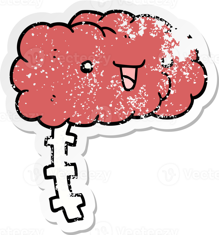 distressed sticker of a happy cartoon brain png