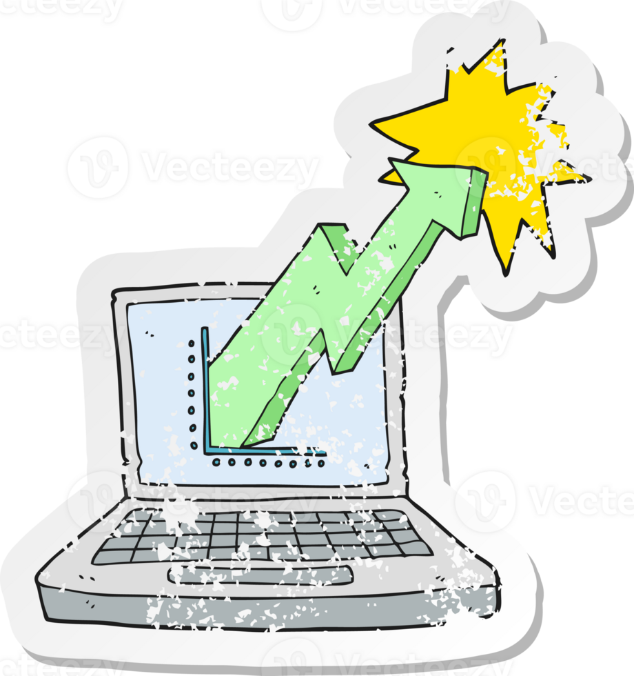retro distressed sticker of a cartoon laptop computer with business graph png