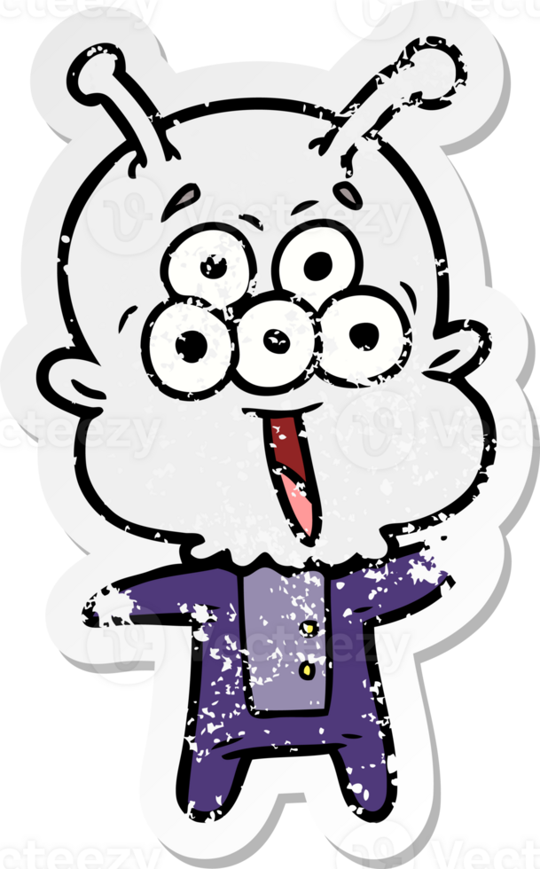 distressed sticker of a happy cartoon alien png