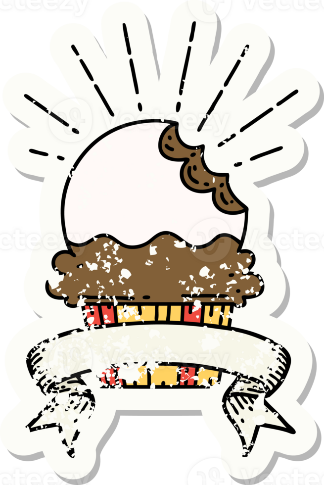 worn old sticker of a tattoo style cupcake with missing bite png