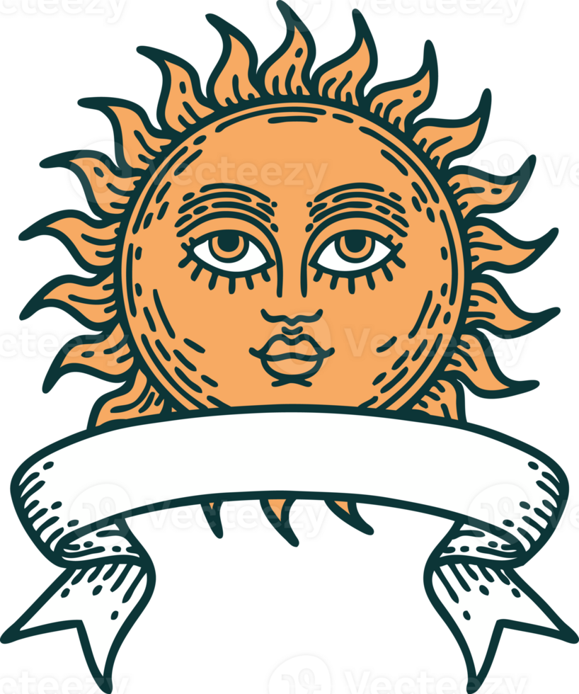 traditional tattoo with banner of a sun with face png