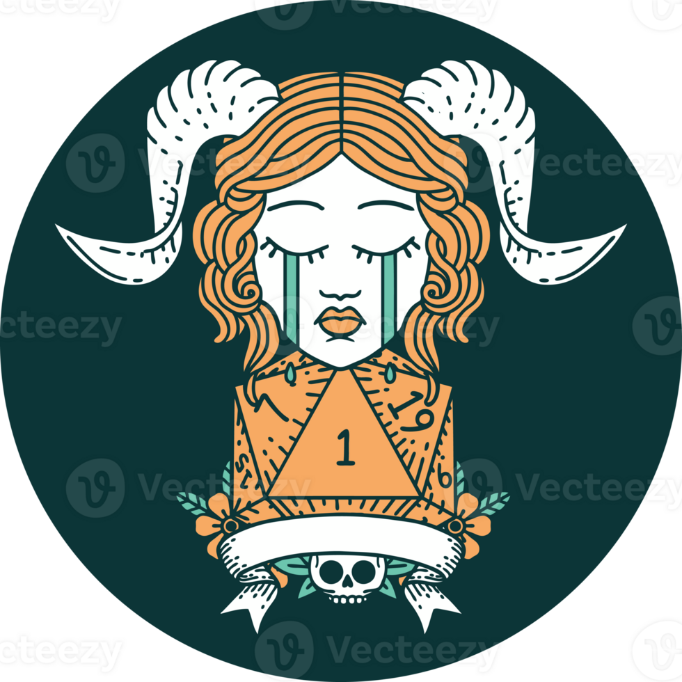 icon of crying tiefling with natural one D20 dice roll png