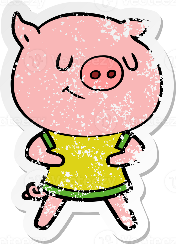 distressed sticker of a happy cartoon pig png