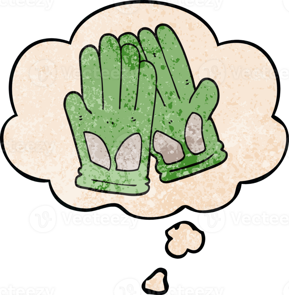 cartoon garden work gloves with thought bubble in grunge texture style png