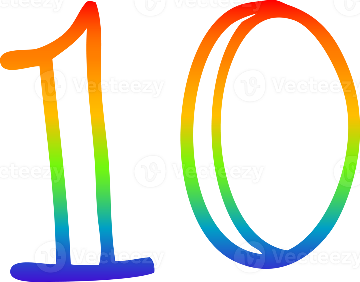 rainbow gradient line drawing of a cartoon number 10 png