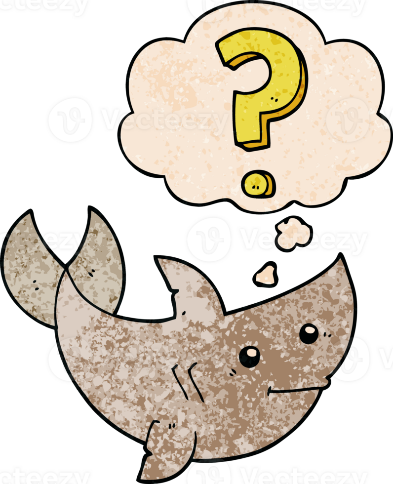 cartoon shark asking question with thought bubble in grunge texture style png