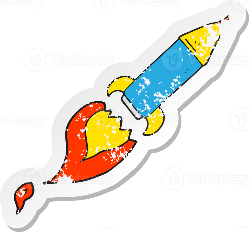 retro distressed sticker of a cartoon rocket png