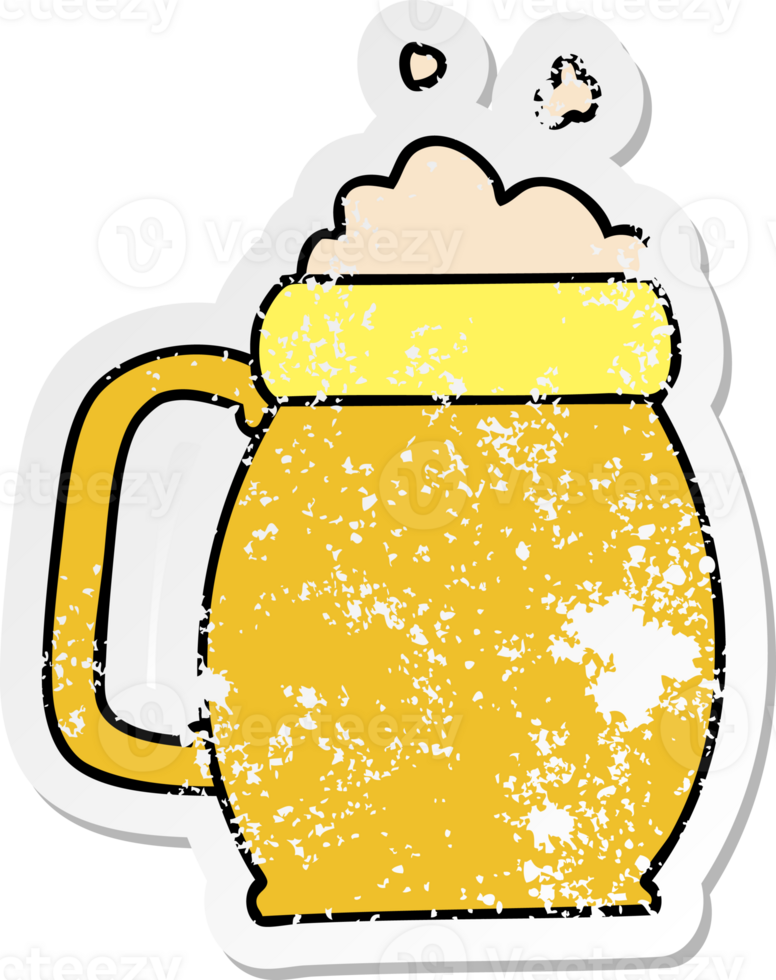 distressed sticker of a quirky hand drawn cartoon pint of beer png
