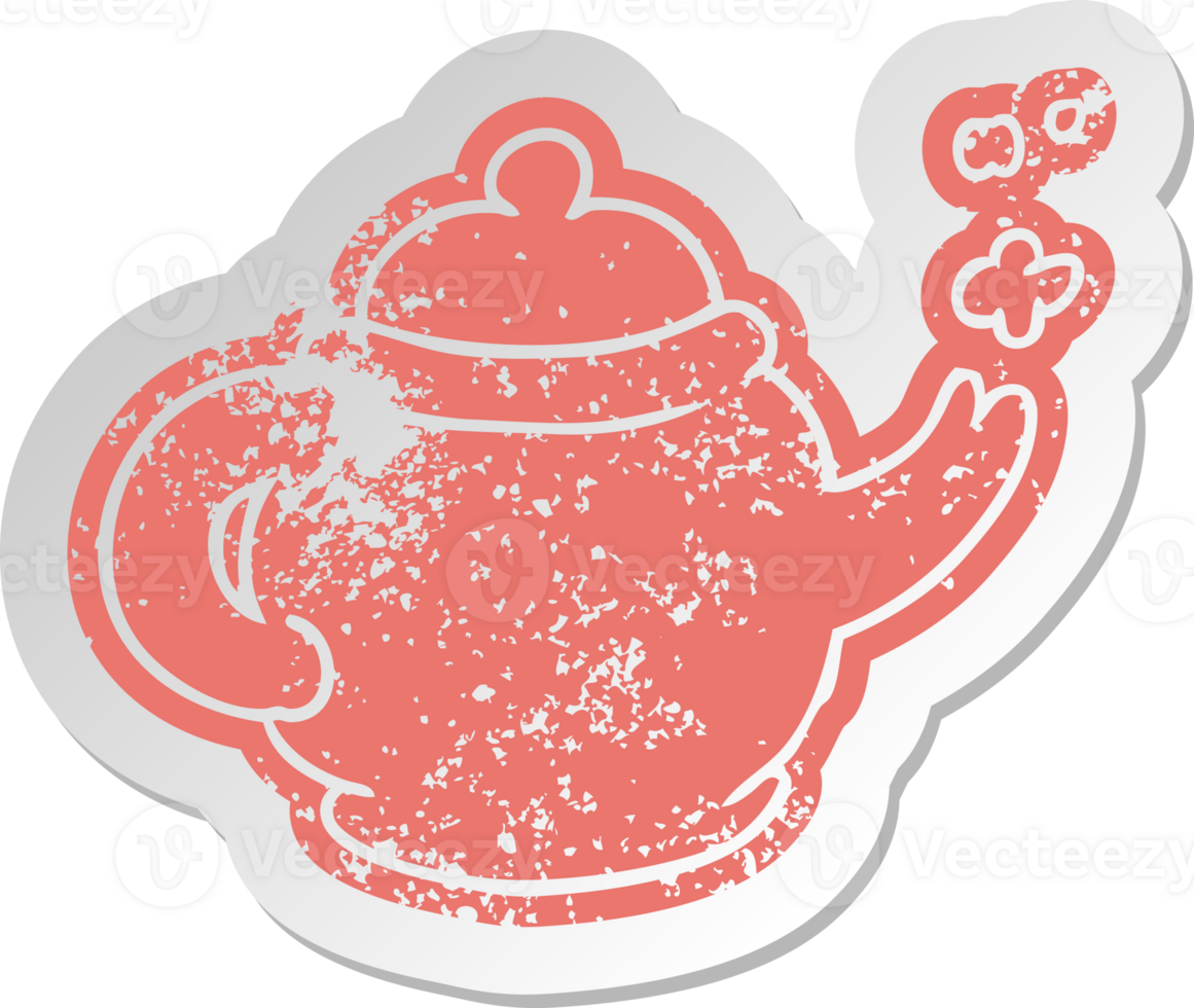 distressed old cartoon sticker of a blue tea pot png