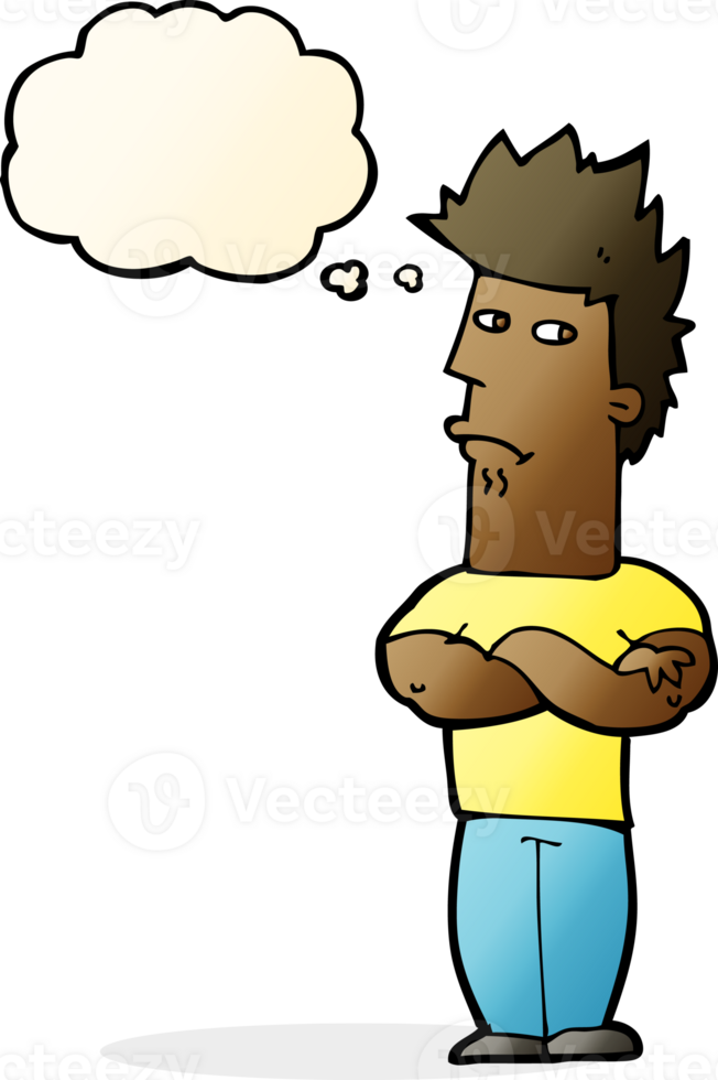 cartoon man sulking with thought bubble png