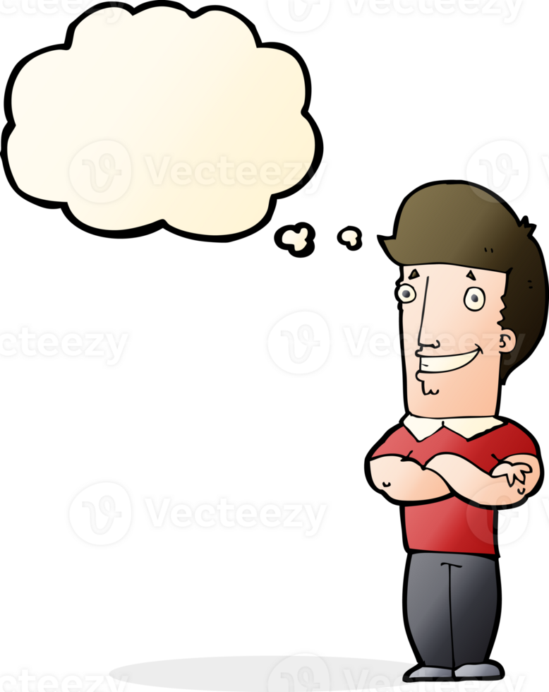cartoon man with folded arms grinning with thought bubble png