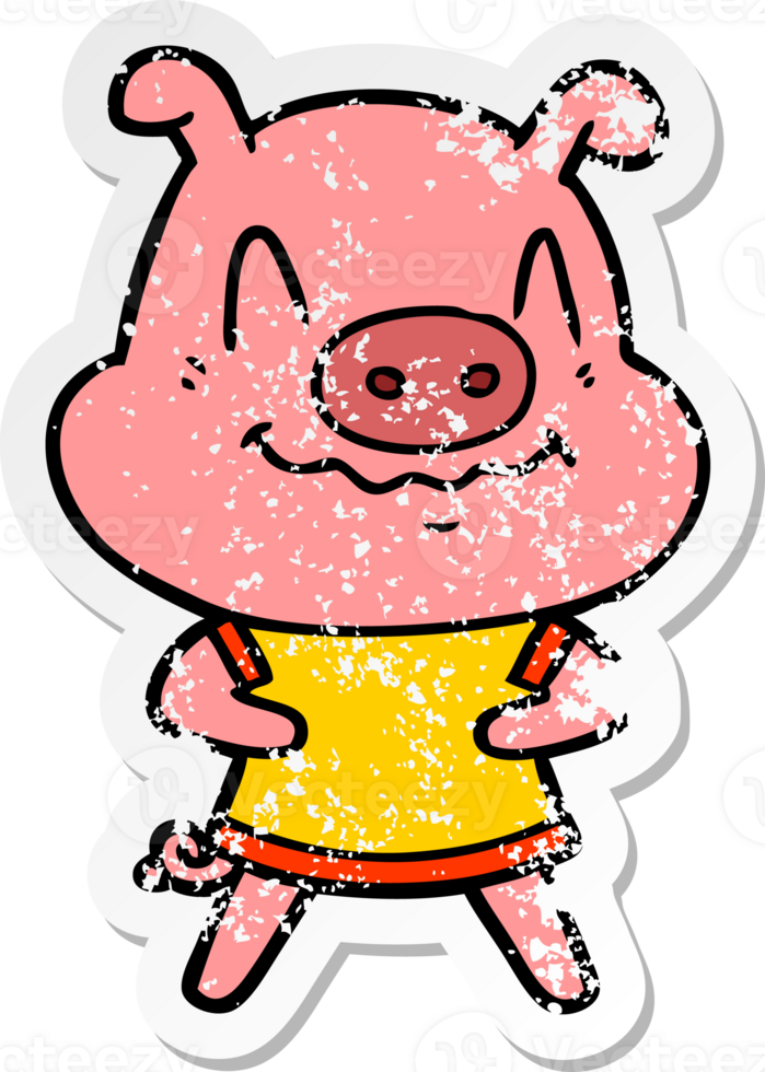 distressed sticker of a nervous cartoon pig png