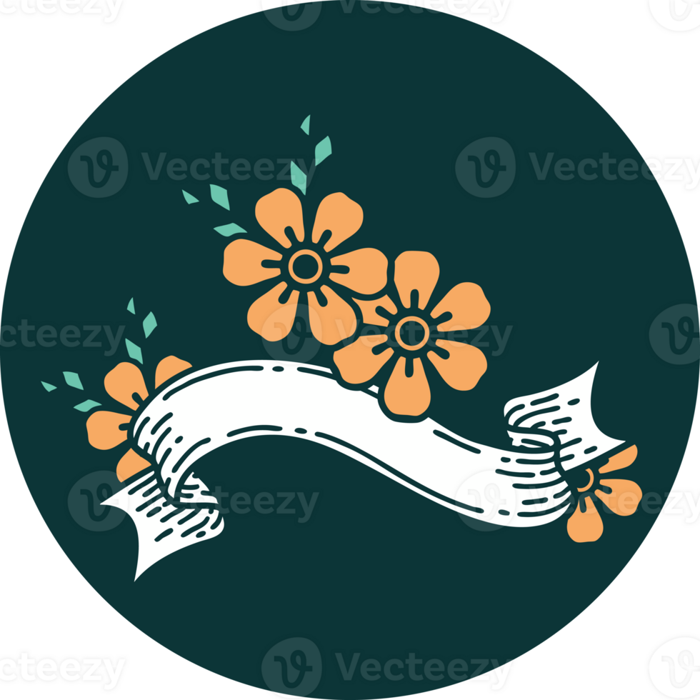 tattoo style icon with banner of a flower png