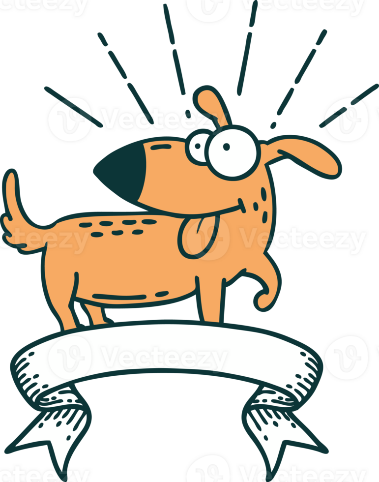scroll banner with tattoo style happy dog png