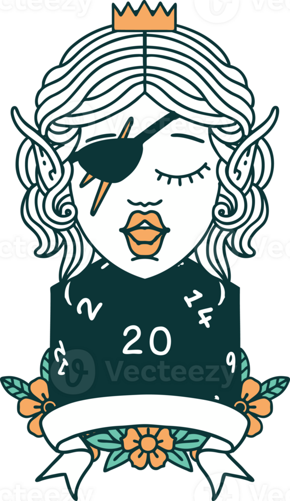 Retro Tattoo Style elf rogue character with natural twenty dice roll png
