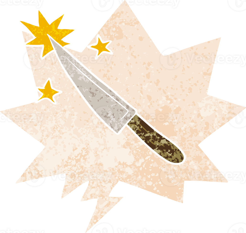 cartoon sharp kitchen knife with speech bubble in grunge distressed retro textured style png