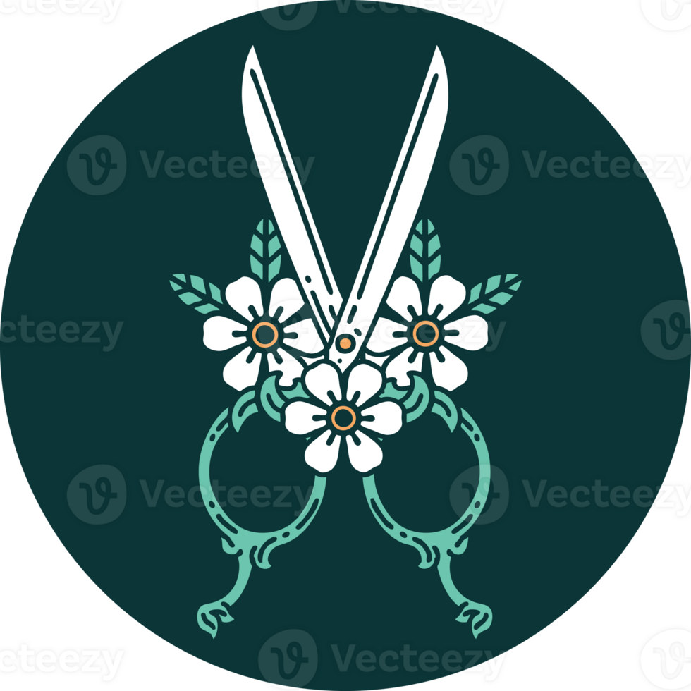 iconic tattoo style image of barber scissors and flowers png
