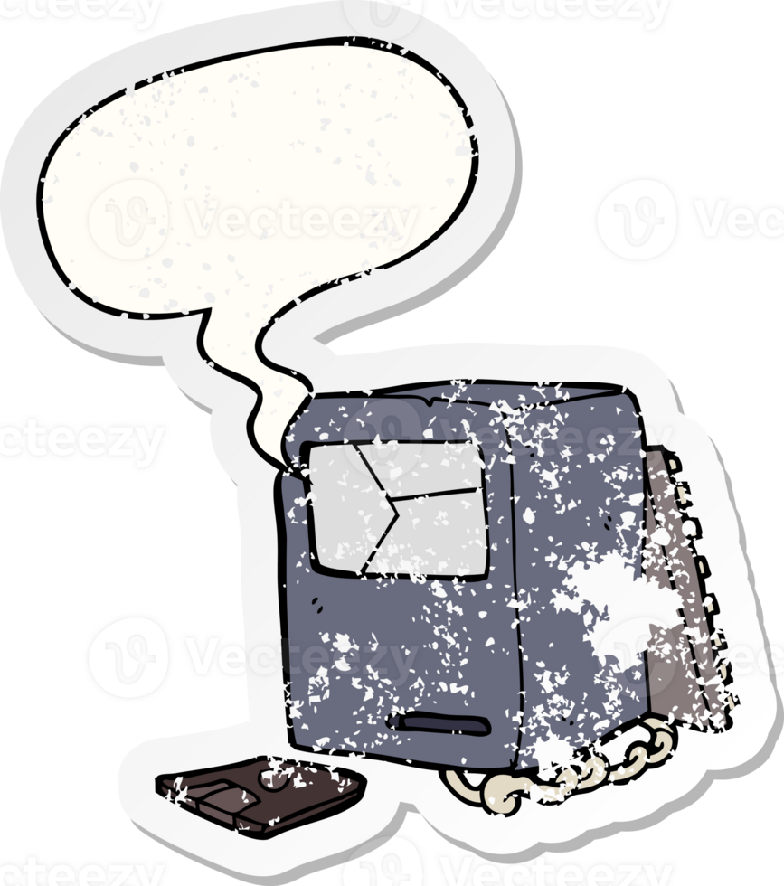cartoon broken old computer with speech bubble distressed distressed old sticker png