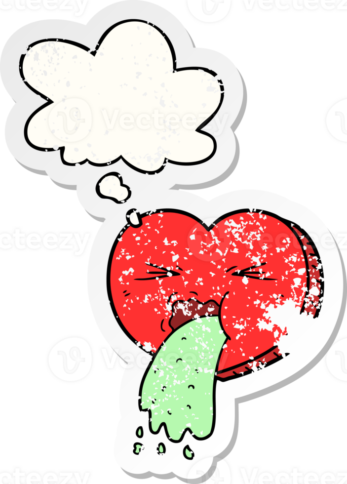 cartoon love sick heart with thought bubble as a distressed worn sticker png