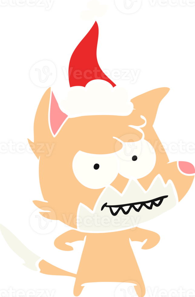 hand drawn flat color illustration of a grinning fox wearing santa hat png