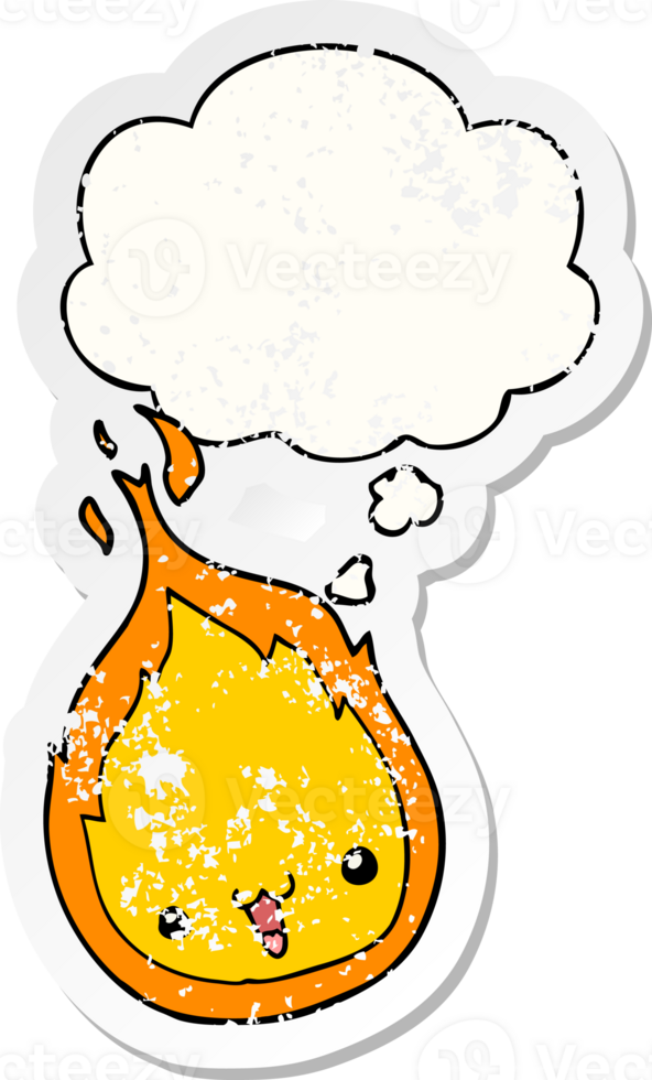 cute cartoon flame with thought bubble as a distressed worn sticker png