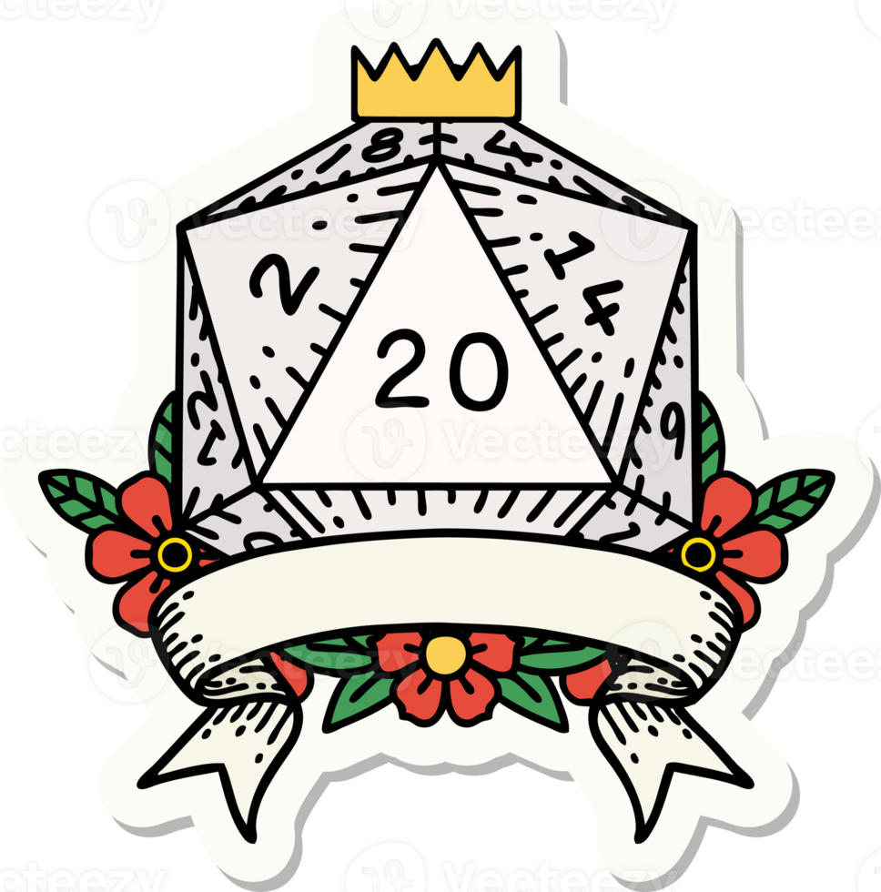 sticker of a natural 20 critical hit D20 dice roll png