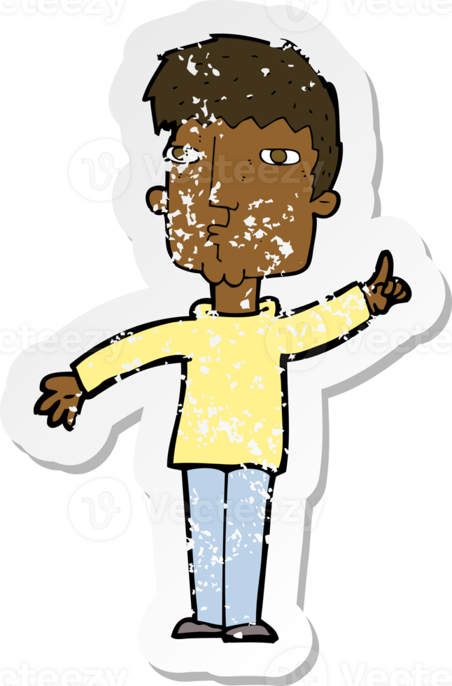 retro distressed sticker of a cartoon man raising point png