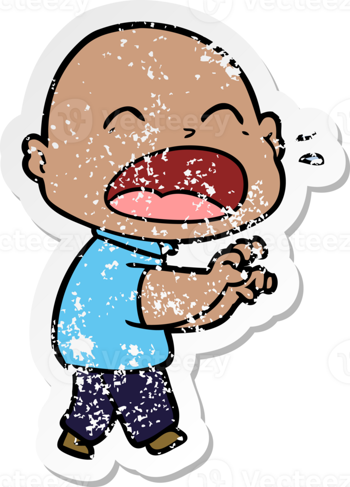 distressed sticker of a cartoon shouting bald man png