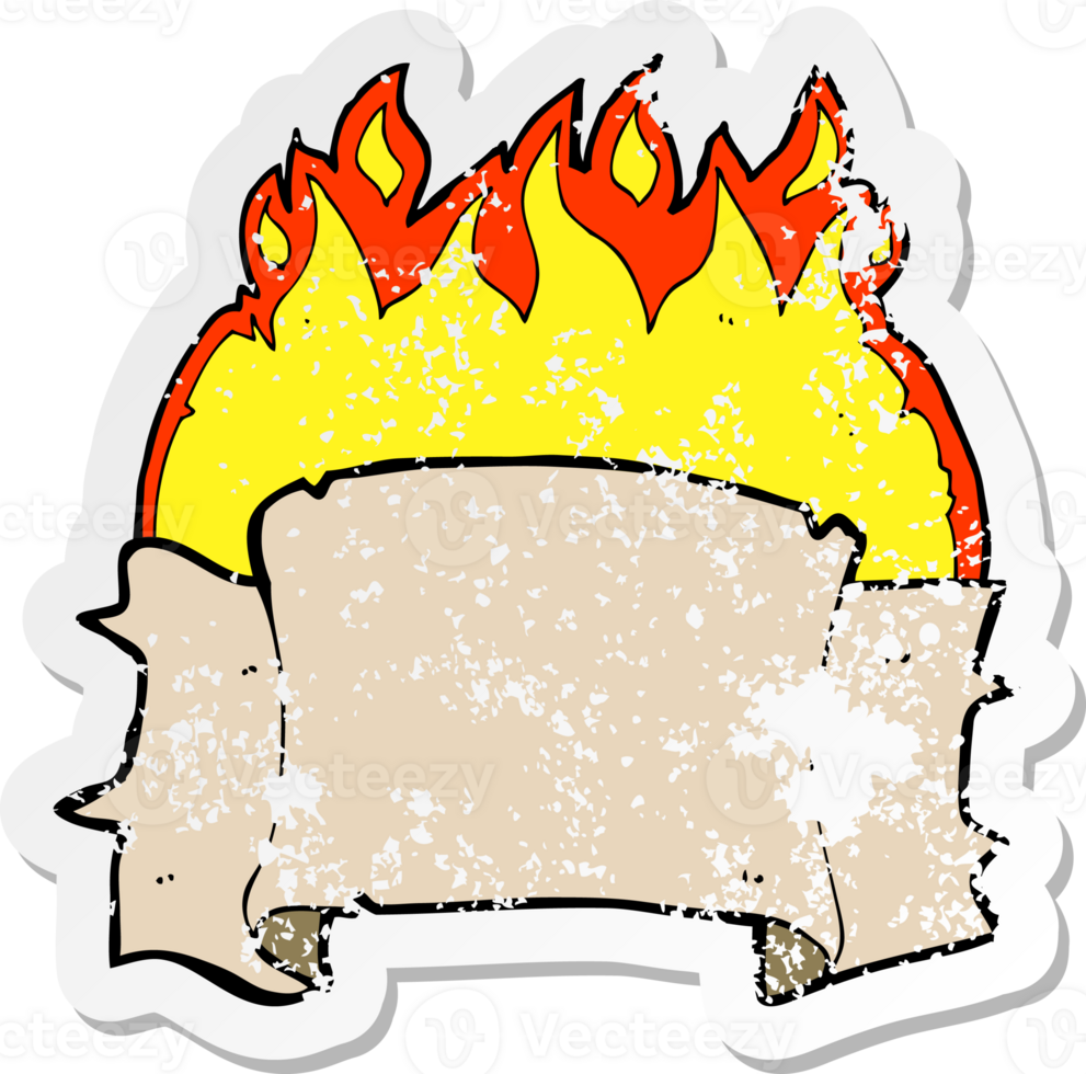 retro distressed sticker of a cartoon flaming heraldry scroll banner png
