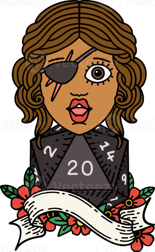 Retro Tattoo Style human rogue with natural twenty dice roll png