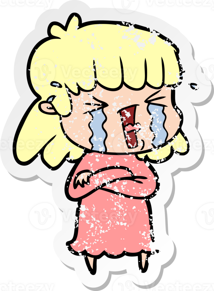 distressed sticker of a cartoon woman in tears png