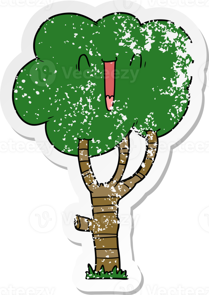 distressed sticker of a cartoon laughing tree png