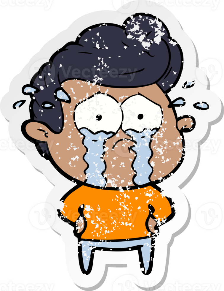 distressed sticker of a cartoon crying man png