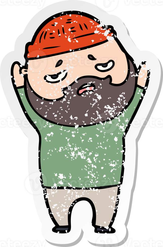 distressed sticker of a cartoon worried man with beard png