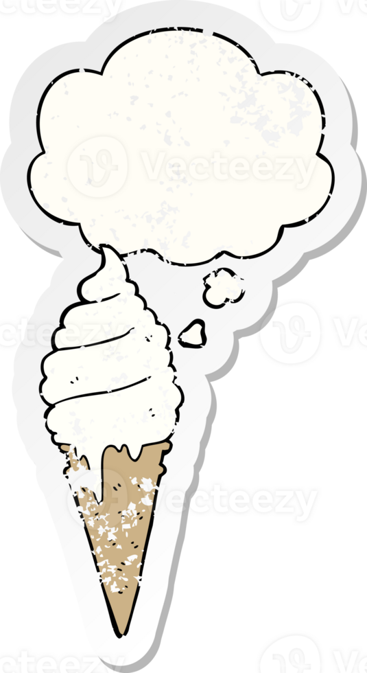 cartoon ice cream with thought bubble as a distressed worn sticker png