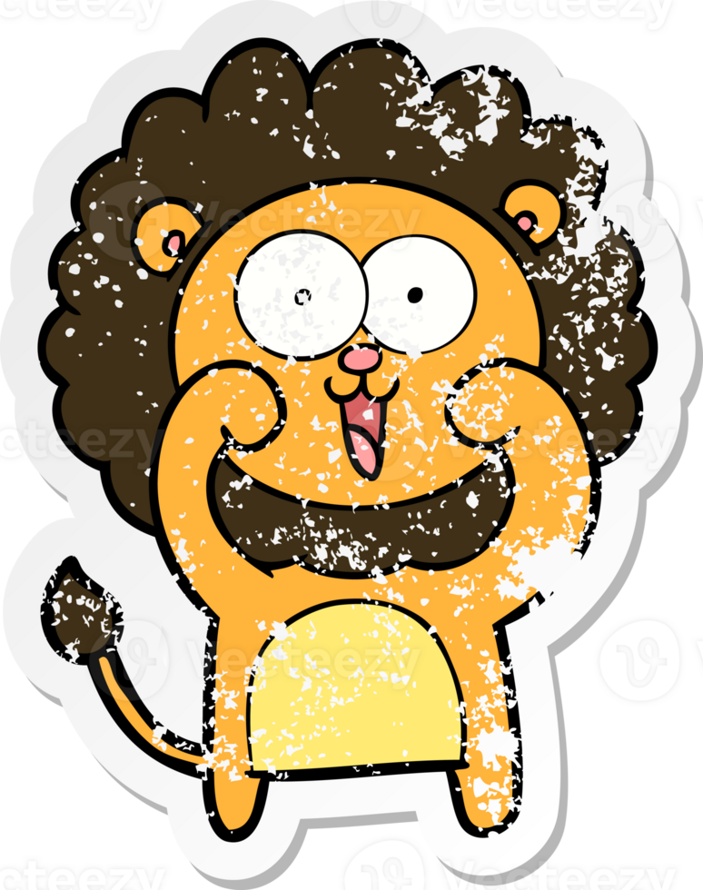 distressed sticker of a happy cartoon lion png