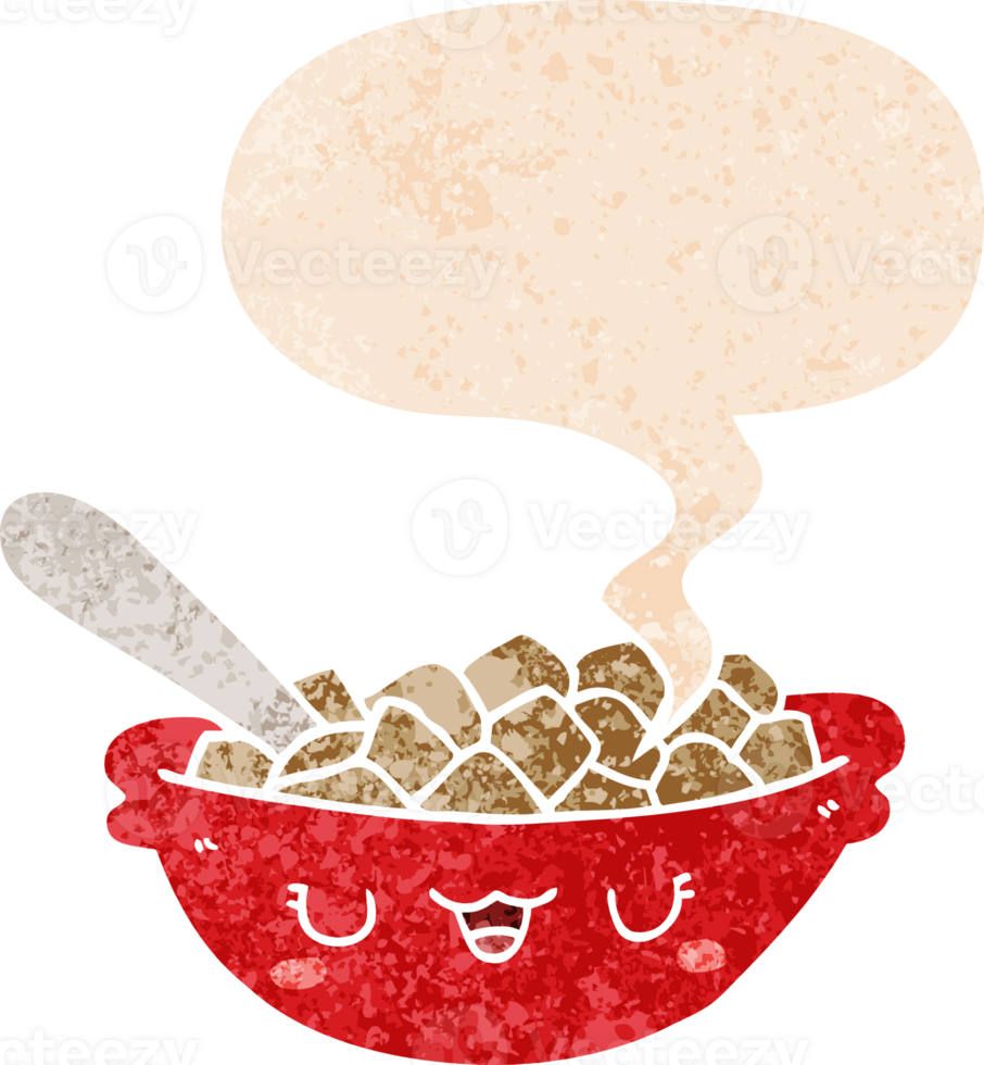 cute cartoon bowl of cereal with speech bubble in grunge distressed retro textured style png