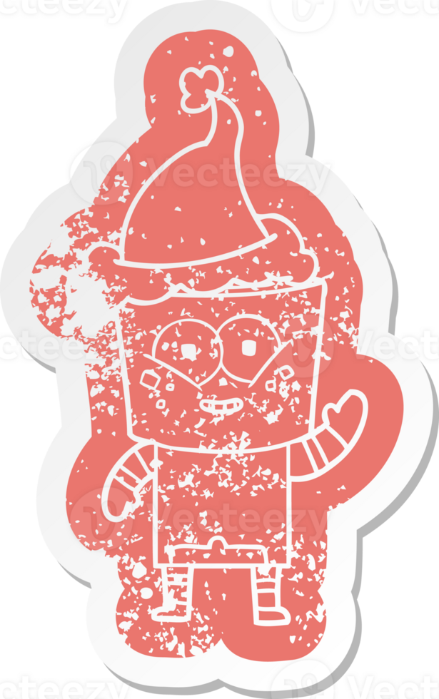 happy quirky cartoon distressed sticker of a robot waving hello wearing santa hat png