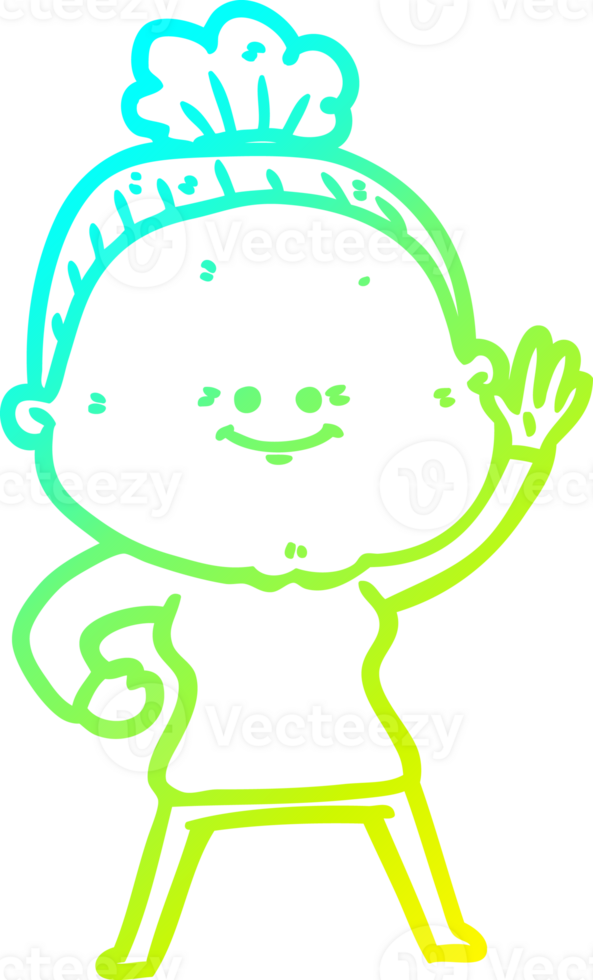 cold gradient line drawing of a cartoon happy old woman png