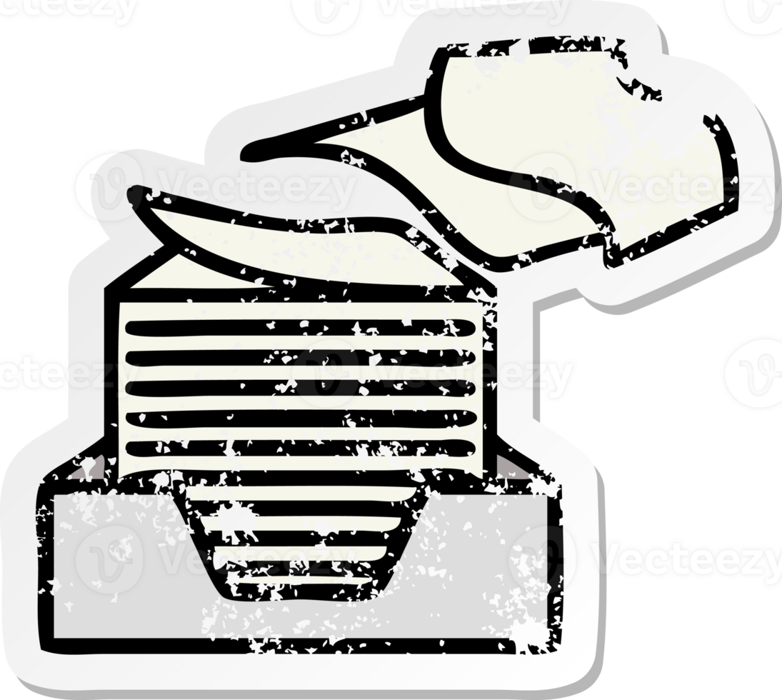 distressed sticker of a cute cartoon stack of office papers png