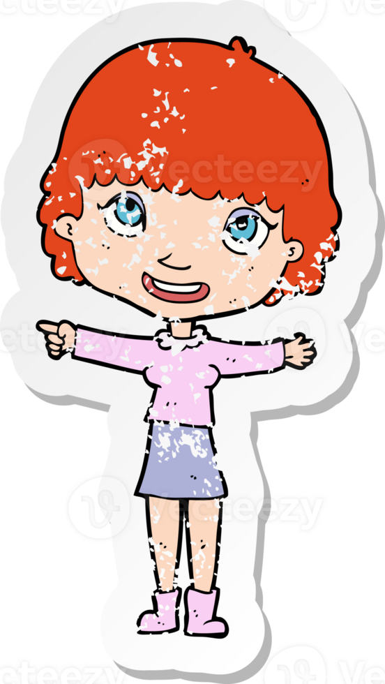 retro distressed sticker of a cartoon happy woman pointing png
