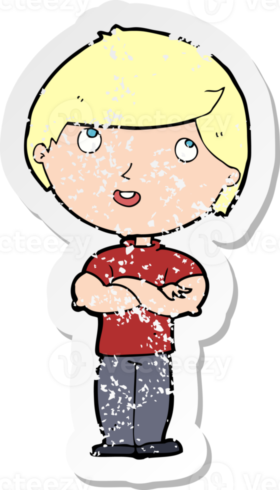 retro distressed sticker of a cartoon happy man with folded arm png