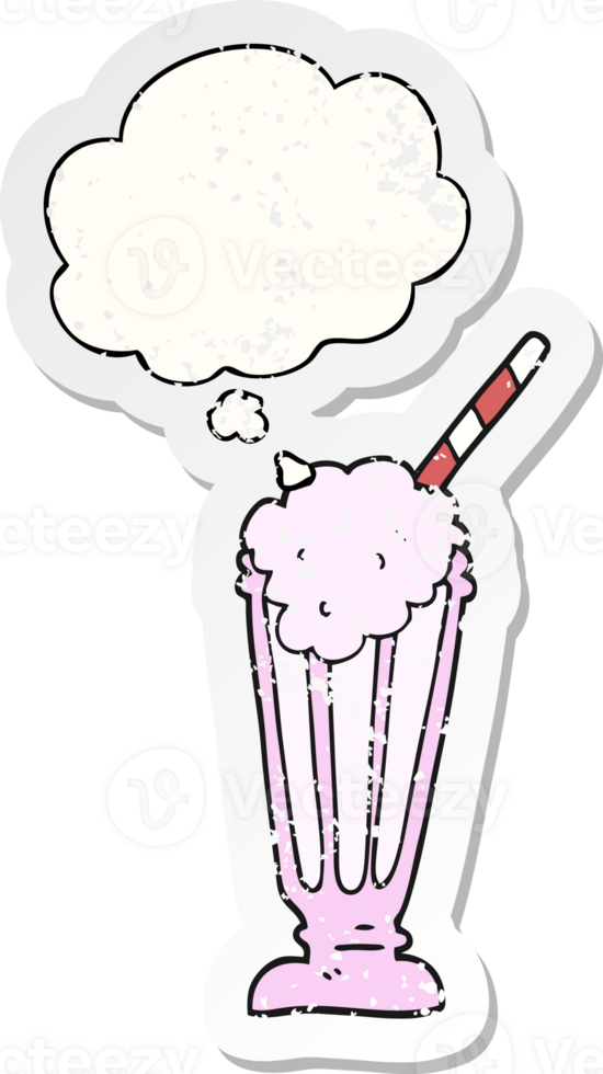 cartoon milkshake with thought bubble as a distressed worn sticker png