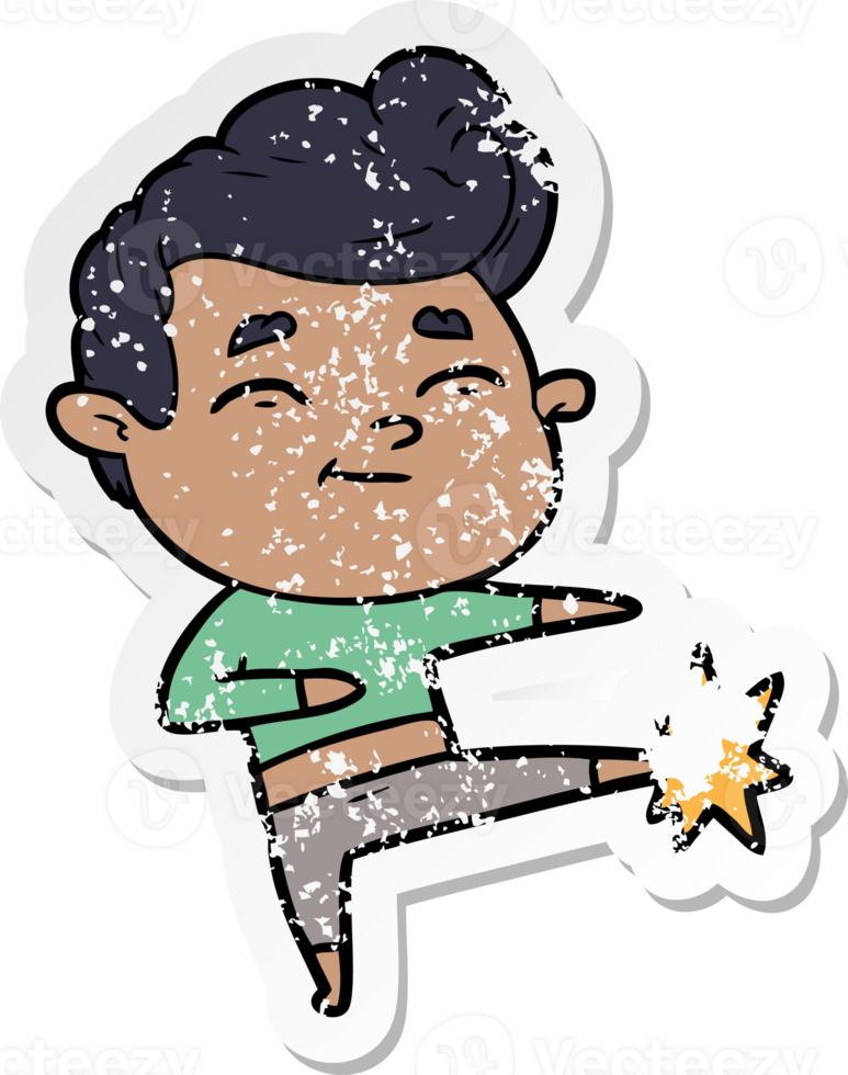 distressed sticker of a happy cartoon man kicking png