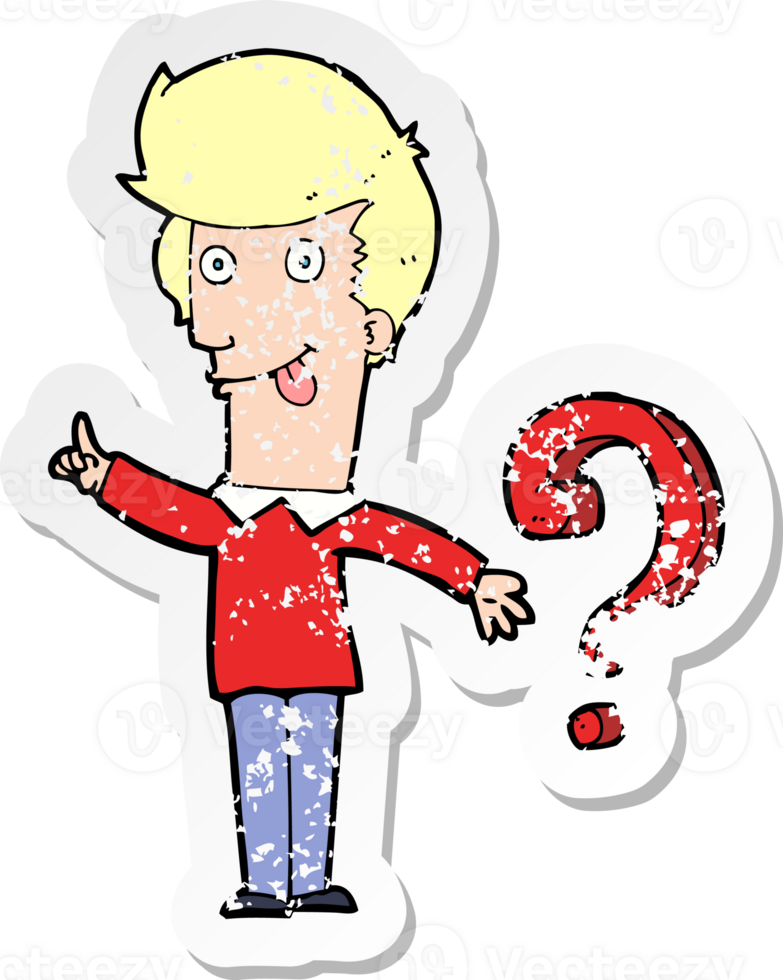 retro distressed sticker of a cartoon man with question png