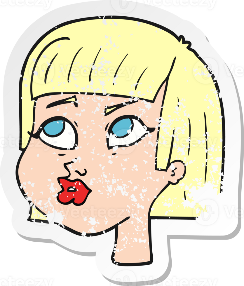retro distressed sticker of a cartoon female face png
